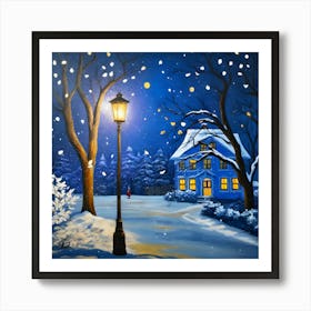 Magical Winter Night Painting Snowfall And Warm Glow Art Print