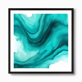 Beautiful cyan teal abstract background. Drawn, hand-painted aquarelle. Wet watercolor pattern. Artistic background with copy space for design. Vivid web banner. Liquid, flow, fluid effect. Art Print