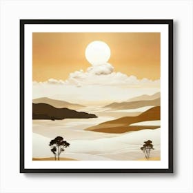 Sunset Over The Hills gold and beige Art Print