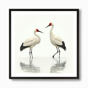 Watercolor Cranes Standing In Shallow Water, Their Reflections Blending Softly 1 Art Print