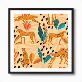 Tropical Cheetah Pattern On Beige With Colorful Florals And Decoration Square Art Print