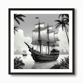 Black And White Pirate Ship Art Print