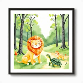 Lion And Turtle In The Forest Art Print