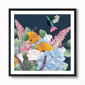Humming Bird With Flowers Square Art Print