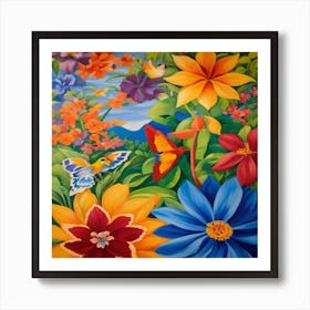 Colorful Flowers And Butterflies Art Print