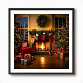 A Convivial Christmas Scene A Roaring Hearth Fireplace Illuminating The Room A Lush Evergreen Chri (4) Art Print