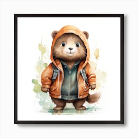 Watercolour Cartoon Beaver In A Hoodie 1 Art Print