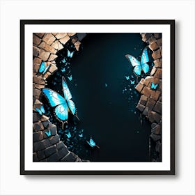 Blue Butterflies In A Brick Wall, Butterflies Emerging From A Cracked Dark Wall Representing Transformation And Hope Art Print