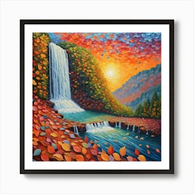 Waterfall In Autumn, Dusk at the Oasis: Vibrant Landscape Art with Waterfall and Autumn Leaves Art Print