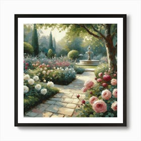 Rose Garden With The Fountain, Acrylic Style Painting 19 Art Print