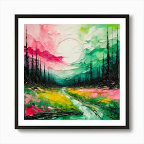 Landscape Abstract Pink Green Painting Art Print