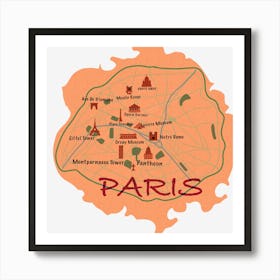 Paris City map with sights to see Art Print