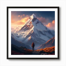 An Award Winning Landscape Photograph Hiker Huge Snowcapped Mountain Peak Art Print