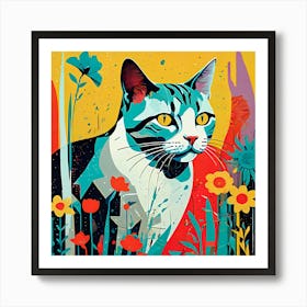 Cat Enjoying Spring Time In A Field Of Flowers Art Print