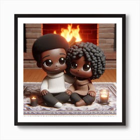 Cheerful Couple Sitting In Front Of Fireplace Art Print