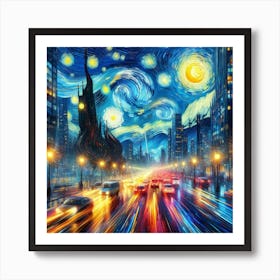 Neon Sonata of the Cityscape, Inspired by Vincent van Gogh's swirling Starry Night and emotive brushstrokes 1 Art Print