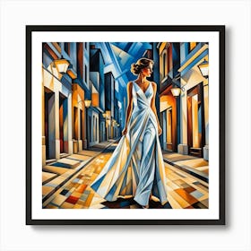 Elegant Woman Walking along the Street Cubism Style Art Print