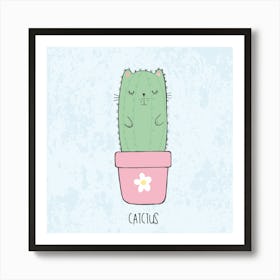 Hand Drawn Sketch Cute Kawaii Cat Cactus In A Flowerpot With Flower Art Print