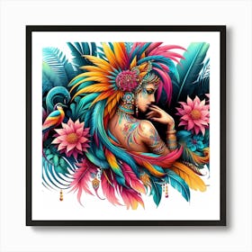 Mexican Girl With Feathers Art Print