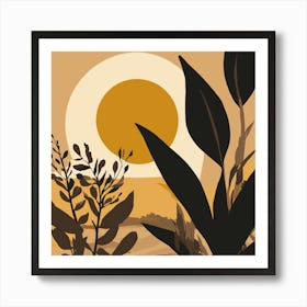 Sunset Dark Yellow Sun Behind A Black Art Print