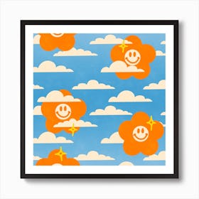 Flower Smiley Faces & Clouds In The Sky Art Print