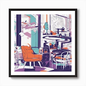 Drew Illustration Of Cup On Chair In Bright Colors, Vector Ilustracije, In The Style Of Dark Navy An (2) Art Print