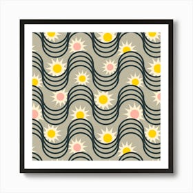 RISE AND SHINE Rising Sun Wavy Retro Mid-Century Modern Geometric Stripes in Pink Yellow Cream Black on Gray Art Print