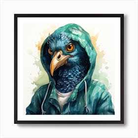 Watercolour Cartoon Peacock In A Hoodie 2 Art Print