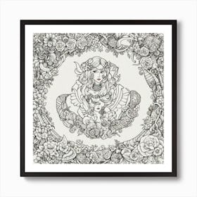 Doodle Girl With Flowers Art Print