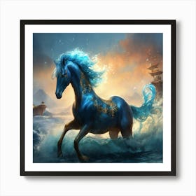 Blue Horse In The Ocean Art Print