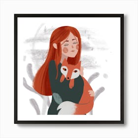 Fox and young girl Art Print