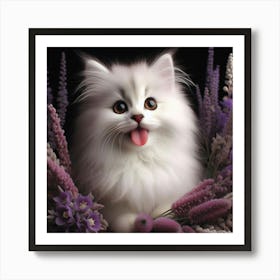 White Cat With Purple Flowers Art Print
