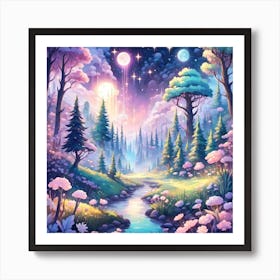 A Fantasy Forest With Twinkling Stars In Pastel Tone Square Composition 273 Art Print