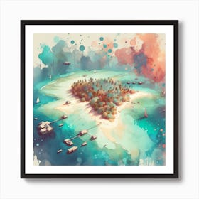 Atoll Serenity, A watercolor painting capturing the vibrant blues and greens of the atoll, with gentle waves lapping against its shores. This artwork would be well-suited for a living room or a spacious hallway where it can be a focal point, bringing in an element of nature and tranquility into your home. Art Print