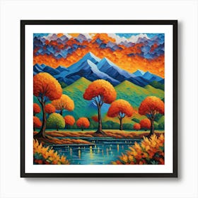 Autumn Reflections: Tranquil Lake Amidst Vibrant Foliage and Snow-Capped Mountains Art Print