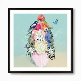Flower And Bird Bouquet with Butterflies Art Print