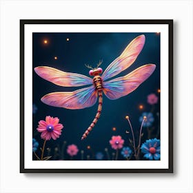 A Whimsical Dragonfly With Wings Of Fractal, Neon Patterns Hovering Over A Dreamlike Garden Art Print