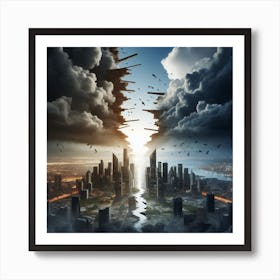 Broken city wit h dark clouds hovering over it with hope on the other side Art Print