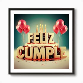 Feliz cumple and Feliz cumpleaños sign means Happy Birthday in Spanish language, Birthday party celebration gift with birthday cake candle colorful balloons best congratulation over light background wall artFeliz Cumple 35 Art Print