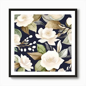 Botanical Wall Art Flowers White Camelias Deep Space Blue Background #1 Art Print