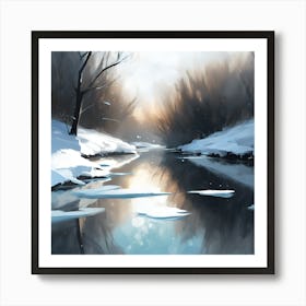 Winter Woodland Landscape, River Reflections 3 Art Print