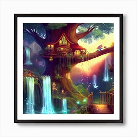 Myeera Giant Tree House Waterfalls Steampunk Style Fairies And 2 Art Print