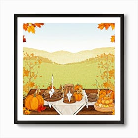 An Illustration Of A Thanksgiving Inspired Table Set Against An Autumn Nature Backdrop Showcasing A (2) Art Print