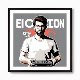 Create A Vivid Image Of A Man Standing In Front Of A Computer, Holding A Keyboard And Mouse Art Print