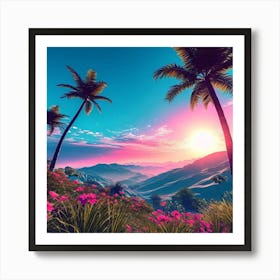 Sunset In The Mountains, Tropical Landscape With Palm Trees, blue sky, wall art, trees, flowers, and sun. good look, 1 Art Print