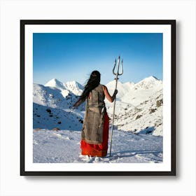 Firefly Graceful Indian Woman With Trident Walking Towards Snowy Hills 47468 Art Print