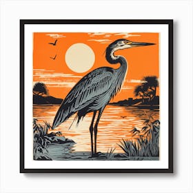 Retro Bird Lithograph Great Blue Heron 1 Art Print