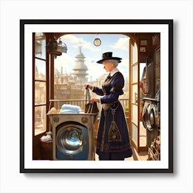 An elderly woman washing clothes Art Print