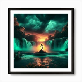 Mermaid In The Waterfall Art Print