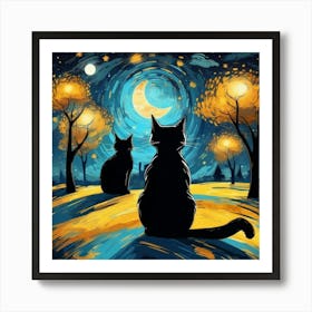 van gogh Cats In The Moonlight 1 Art Print